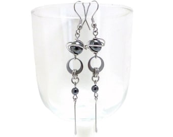 Long earrings, hematite and stainless steel (BO16)