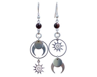 Inverted mismatched long tribal earrings, red tiger eye spiral crescent moon and stainless steel (BO37)