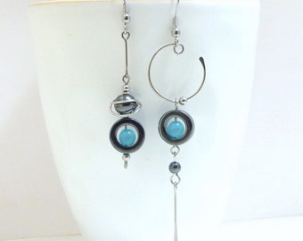 Boucles d'oreilles originales modernes dépareillées, hématite œil de chat bleu et acier inoxydable (BO20)