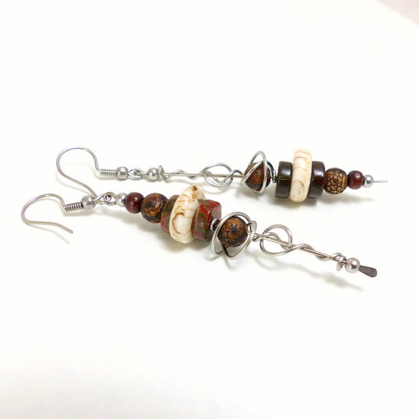 Asymmetrical earrings, ethnic beads, natural stones and stainless steel (BO26)