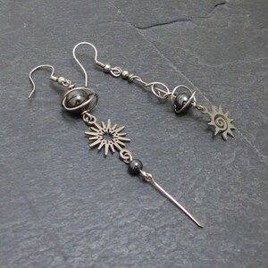 Boucles d'oreilles dépareillées asymétriques soleil, spirale, hématite et acier inoxydable BO9 image 6