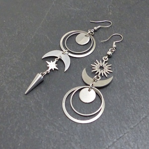 Boucles d'oreilles longues dépareillées asymétriques, croissant de lune, soleil, étoile, acier inoxydable BO36 image 4