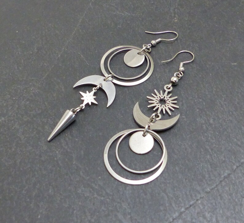 Boucles d'oreilles longues dépareillées asymétriques, croissant de lune, soleil, étoile, acier inoxydable BO36 image 4