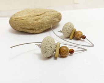 Boucles d'oreilles beige crème, céramique, lave, pierre et acier inoxydable (GC2)