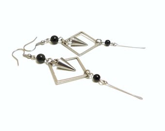 Boucles d'oreilles longues modernes obsidienne et acier inoxydable (BO19)