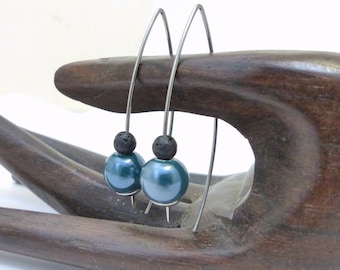 Minimalist large hook earrings, blue black, ceramic, lava, surgical steel (GC10)