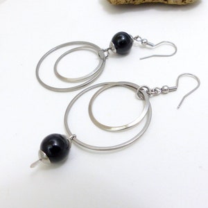 Boucles d'oreilles dépareillées asymétriques , obsidienne et acier inoxydable GC3 image 3