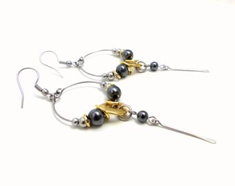 Boucles d'oreilles longues couleur or/argent en hématite et acier inoxydable (BO25)