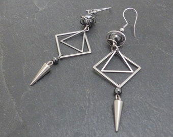 Modern geometric long earrings, point, hematite and stainless steel (BO1)