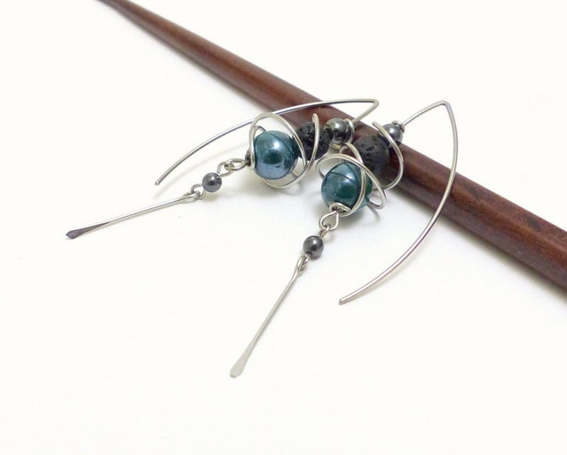 Blue/green earrings with large ceramic hooks, stone and surgical steel GC6 image 1