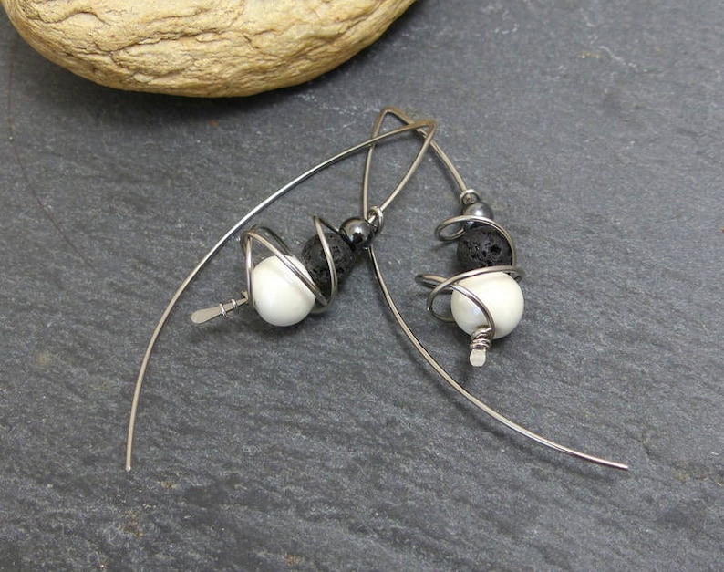 White grey black earrings, ceramic, hematite, lava and stainless steel GC6 image 3