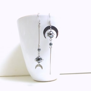 Asymmetrical mismatched earrings, hematite and stainless steel (GC8)