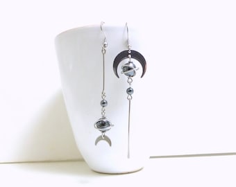 Asymmetrical mismatched earrings, hematite and stainless steel (GC8)