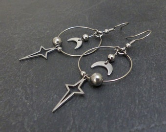 Boucles d'oreilles gothiques étoile du nord croissant de lune en acier inoxydable  (GC15)