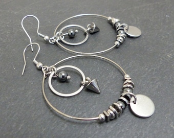 Contemporary chic tribal hoop earrings, pointed, hematite and stainless steel (BO37)