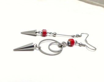 Mismatched, asymmetrical earrings, natural stone, red imperial jasper and stainless steel (BO30)