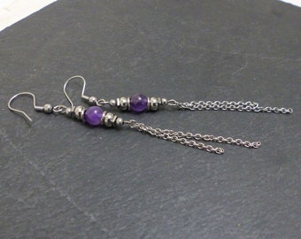 Long earrings with natural amethyst stones and stainless steel (BO5)