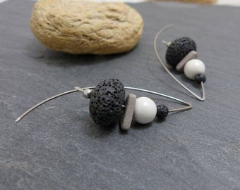 Boucles d'oreilles blanc gris noir, céramique, lave et acier inoxydable (GC2)