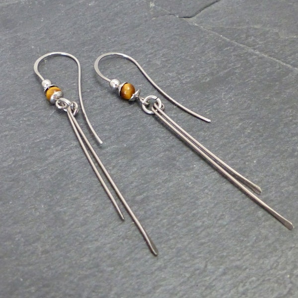 Boucles d'oreille grands crochets, œil de tigre, acier chirurgical (GC6)