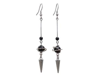 Boucles d'oreilles longues pointe cône, obsidienne et acier inoxydable  (BO36)