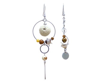 Boucles d'oreilles tribales asymétriques, perles ethniques, pierre naturelles, lave et acier inoxydable (BO4)