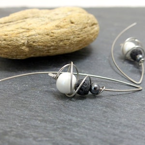 White grey black earrings, ceramic, hematite, lava and stainless steel GC6 image 1