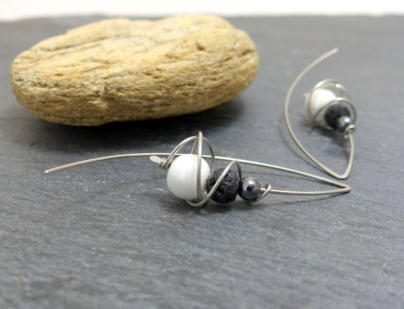 White grey black earrings, ceramic, hematite, lava and stainless steel GC6 image 1