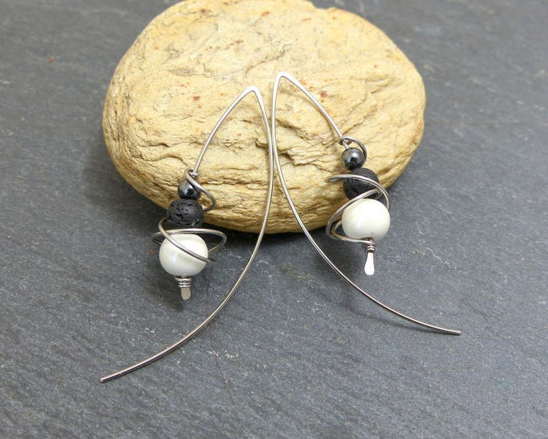 White grey black earrings, ceramic, hematite, lava and stainless steel GC6 image 2
