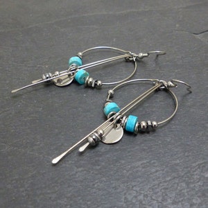 Modern hoop earrings, turquoise and stainless steel (BO35)