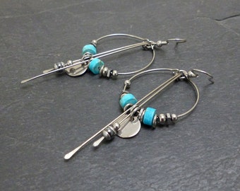Boucles d'oreilles créoles modernes, turquoise et acier inoxydable  (BO35)