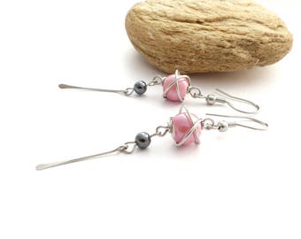 Boucles d'oreilles roses, céramique hématite et acier inoxydable (BO22)