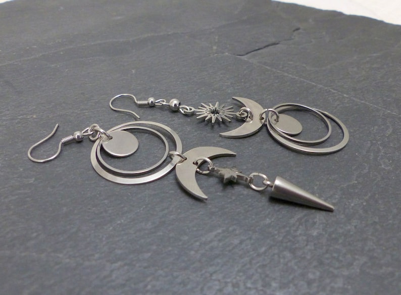 Boucles d'oreilles longues dépareillées asymétriques, croissant de lune, soleil, étoile, acier inoxydable BO36 image 6