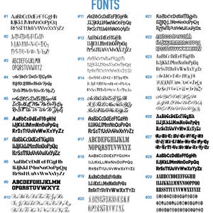 Op de afbeelding: Een tabel met 30 verschillende lettertypen, elk met een voorbeeld van hoofdletters en kleine letters en cijfers. Het woord "FONTS" staat bovenaan in blauwe letters.