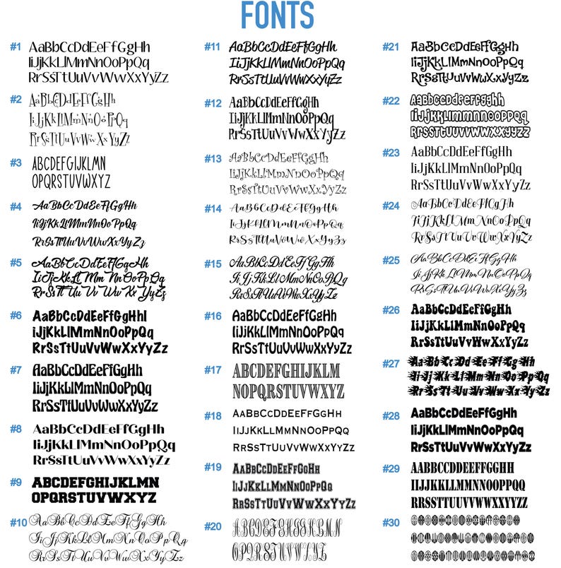 Op de afbeelding: Een tabel met 30 verschillende lettertypen, elk met een voorbeeld van hoofdletters en kleine letters en cijfers. Het woord "FONTS" staat bovenaan in blauwe letters.