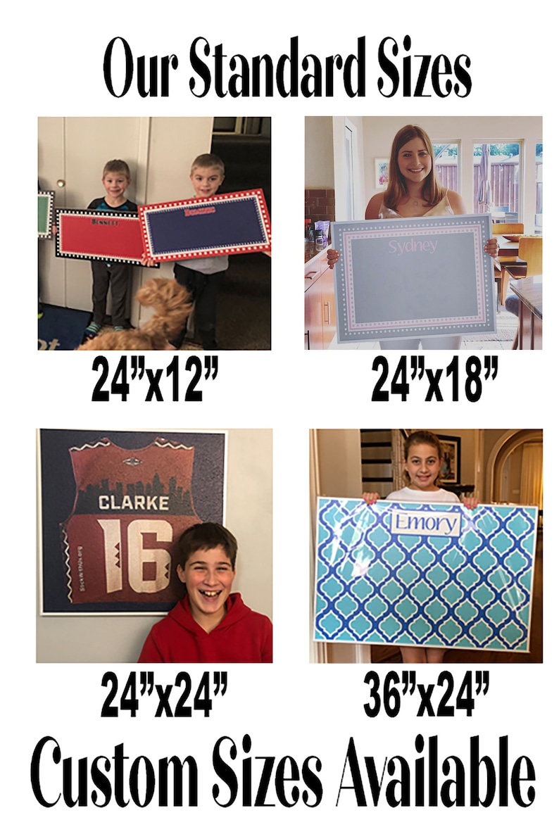 Op de afbeelding: Afbeelding met voorbeelden van gepersonaliseerde wandkunst in verschillende formaten. Bevat voorbeelden van afmetingen van 61cm x 30cm, 61cm x 46cm, 61cm x 61cm en 91cm x 61cm. De kunstwerken tonen namen en patronen, met de tekst "Our Standard Sizes" en "Custom Sizes Available".