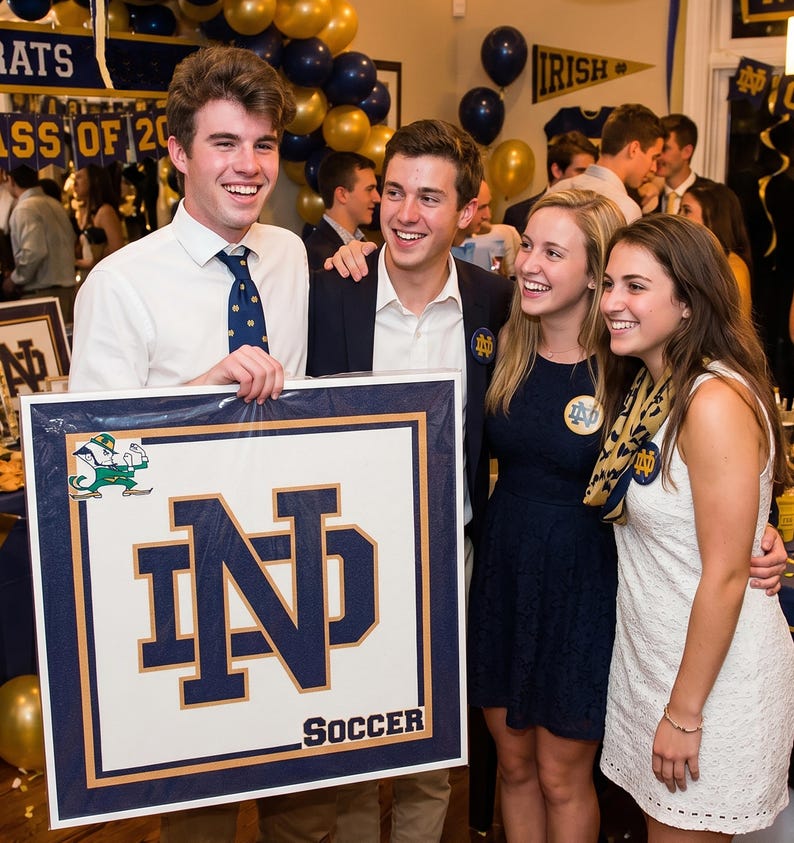 Op de afbeelding: Een groep mensen die glimlachen en poseren met een ingelijste poster. De poster toont het Notre Dame-logo en het woord "SOCCER". De achtergrond bevat gouden en blauwe ballonnen en banners.