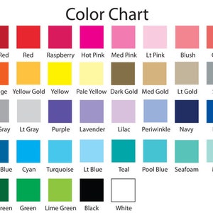 May include: Color chart with 24 color swatches, including dark red, red, raspberry, hot pink, medium pink, light pink, blush, coral, orange, yellow gold, yellow, pale yellow, dark gold, medium gold, light gold, silver, medium gray, light gray, purple, lavender, lilac, periwinkle, navy, blue, ocean blue, cyan, turquoise, light blue, teal, pool blue, seafoam, mint, dark green, green, lime green, black, and white.