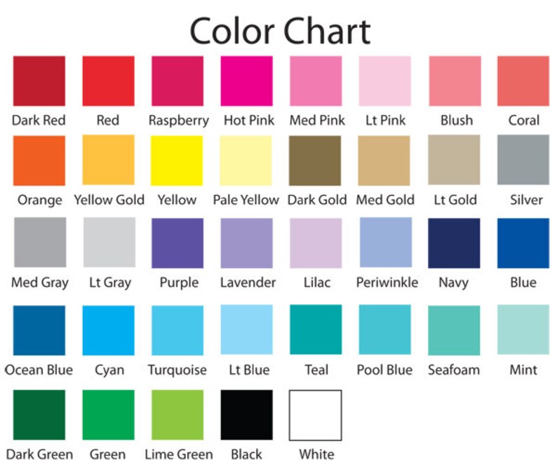 May include: Color chart with 24 color swatches, including dark red, red, raspberry, hot pink, medium pink, light pink, blush, coral, orange, yellow gold, yellow, pale yellow, dark gold, medium gold, light gold, silver, medium gray, light gray, purple, lavender, lilac, periwinkle, navy, blue, ocean blue, cyan, turquoise, light blue, teal, pool blue, seafoam, mint, dark green, green, lime green, black, and white.