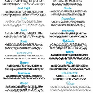 May include: A graphic image showing different font styles, including Alexa, Just Right, Curlz, Bondi, Jamie, Copperplate, Sharpie, Sportsman, Jambo, Stencil, Candy, Paradise, Cream Cake, Font Spring, Matchmaker, Ultra, Hobo, Collegiate, Script, and Monogram. Each font style is displayed in a blue and white color scheme.
