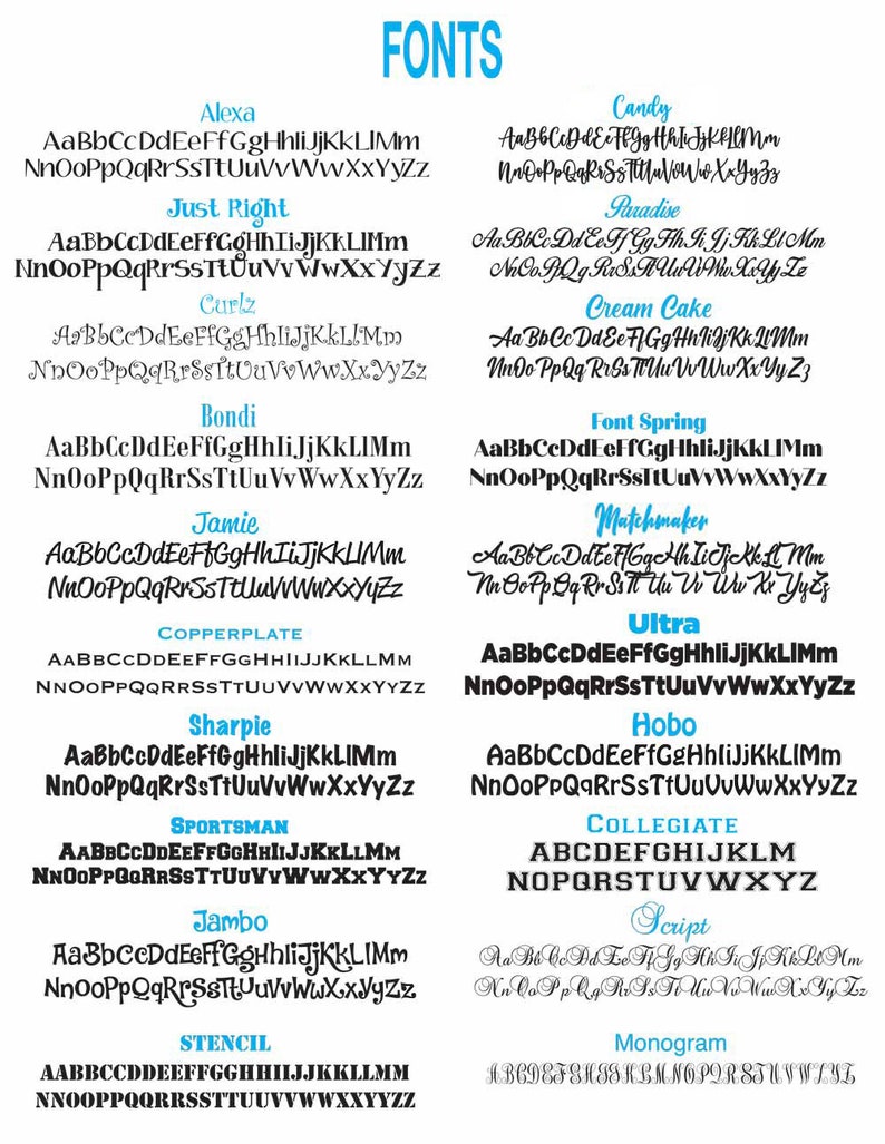 May include: A graphic image showing different font styles, including Alexa, Just Right, Curlz, Bondi, Jamie, Copperplate, Sharpie, Sportsman, Jambo, Stencil, Candy, Paradise, Cream Cake, Font Spring, Matchmaker, Ultra, Hobo, Collegiate, Script, and Monogram. Each font style is displayed in a blue and white color scheme.
