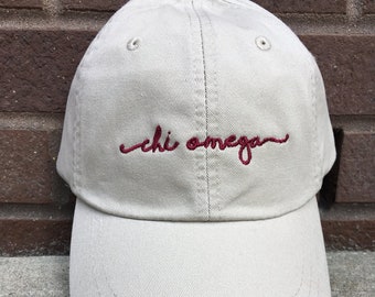 Chi Omega Handwriting Script Baseball Hat - Chi Omega Officially Licensed Baseball Cap