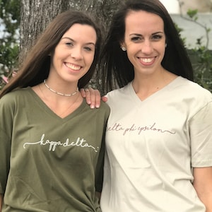 V NECK - Sorority V Neck T Shirts - Officially Licensed Handwriting Script Short Sleeve Shirts - Big Little Reveal