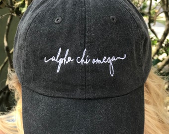 Embroidered Alpha Chi Omega Cap, Handwriting Script Baseball Cap - Officially Licensed Alpha Chi Omega Hat - A CHi O Handwriting hat