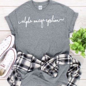 Puede incluir: Camiseta gris con el texto "alpha omega epsilon" escrito en cursiva blanca.