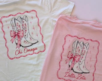 Cowgirl Boot & Bow Sorority Crew Neck Short Sleeve T Shirts - Comfort Colors Greek Gift For Her