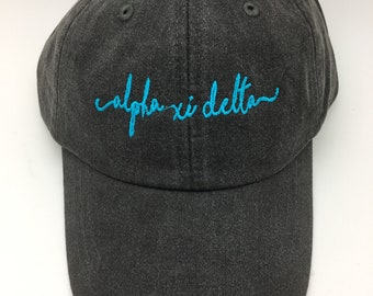 Embroidered Alpha Xi Delta Handwriting Script Baseball Cap - Officially Licensed Greek Merchandise - A Xi D