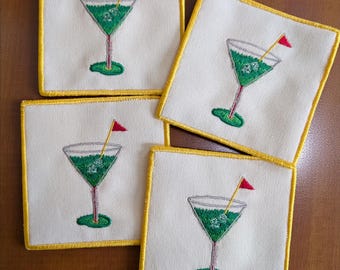 Embroidered Linen Golf Martini Coaster, Custom Bar Napkin, Set of 4