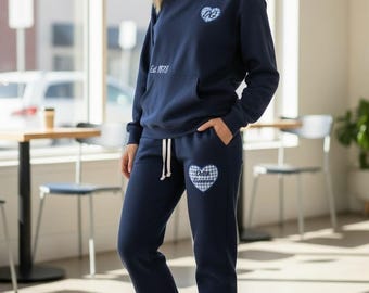 Custom Embroidered Navy Late Night TV Sorority Oversized Hooded Sweatshirt/ Flared Sweatpants Lounge Set - Back To School Greek Gift