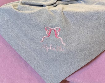 Custom Embroidered Sorority Blanket with Coquette Bow – Personalized Greek Merch