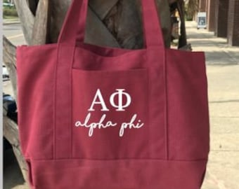 Sorority Canvas Tote -Officially Licensed Greek - Handwriting Script Greek Letter Tote